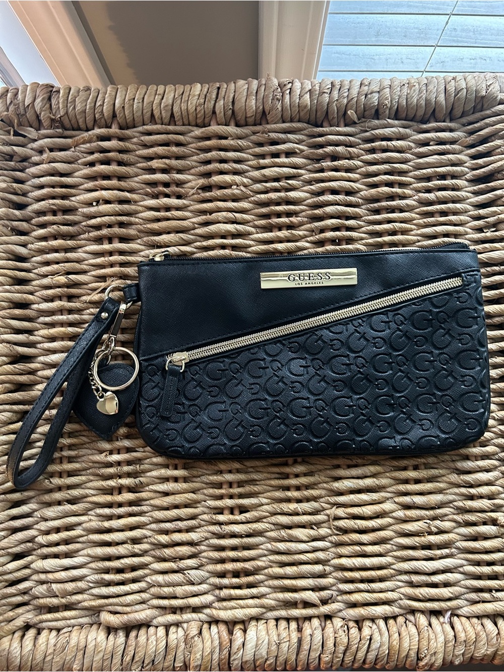 GUESS Black Embossed G Logo Wristlet Clutch with Gold Accents